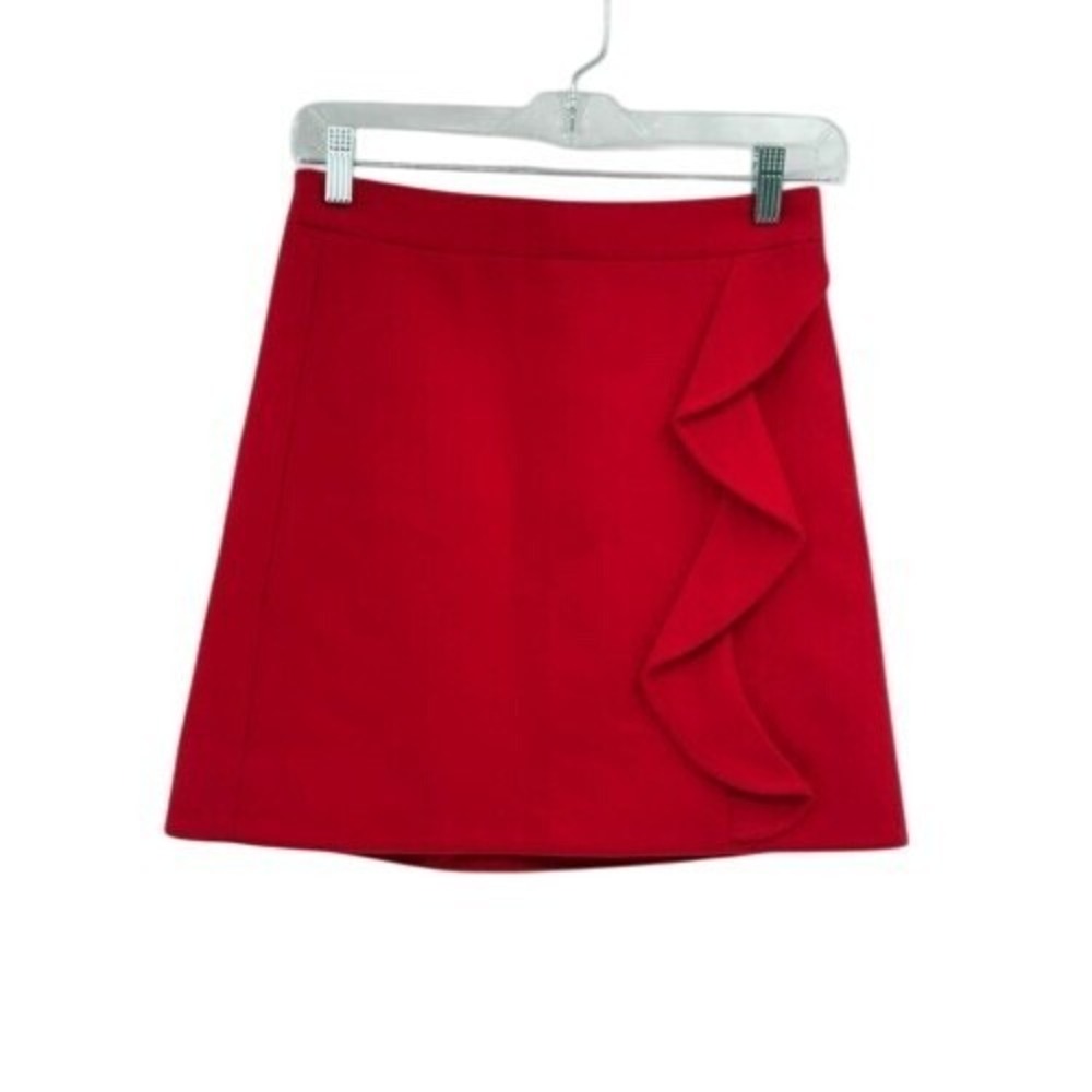 J. Crew Mini Skirt Wool Pencil Straight Ruffle Women Size 2 Red Party Holiday - Picture 1 of 9